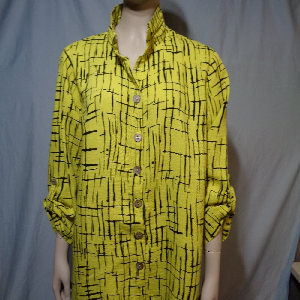 John Mark Yellow Patterned Button Down Blouse, Si… - image 1